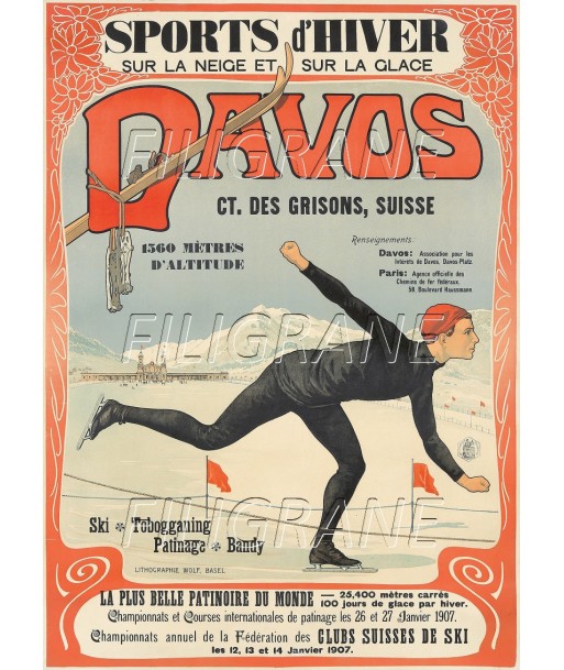 SPORTS d'HIVER DAVOS PATINAGE Rpmp-POSTER/REPRODUCTION d1 AFFICHE VINTAGE prix pour 