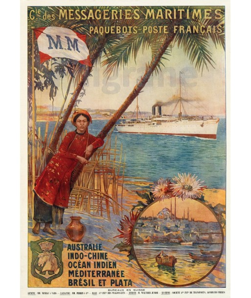 INDO-CHINE BATEAU Rvrz-POSTER/REPRODUCTION d1 AFFICHE VINTAGE Pour